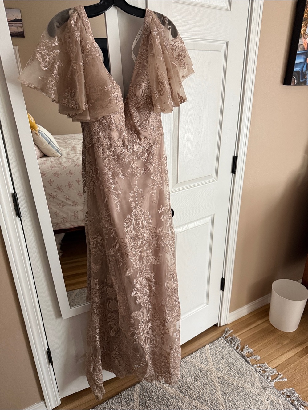 Azazie Blush Lace Maxi Dress with Flutter Sleeves